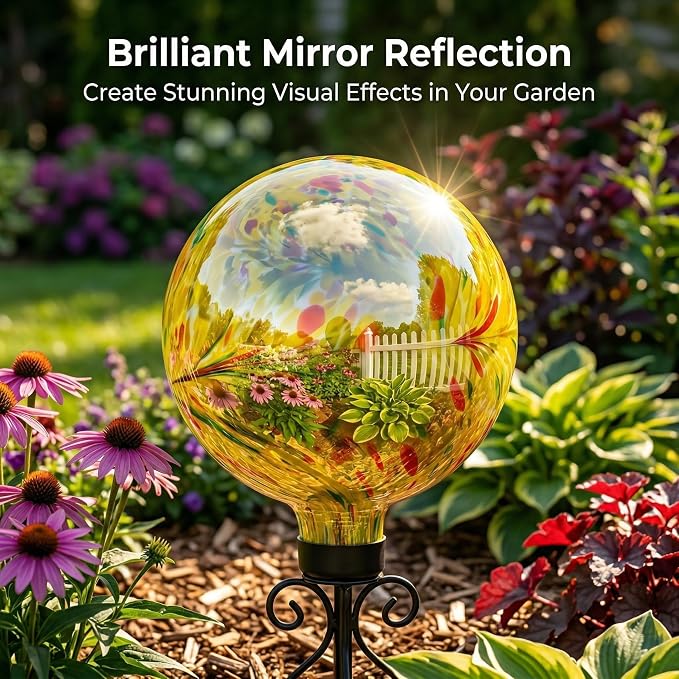 Glass Outdoor Gazing Globe, 10" Hand Blown Yellow Swirl Gazing Ball | Decorative Garden Orb for Yard, Patio, Lawn & Flower Beds