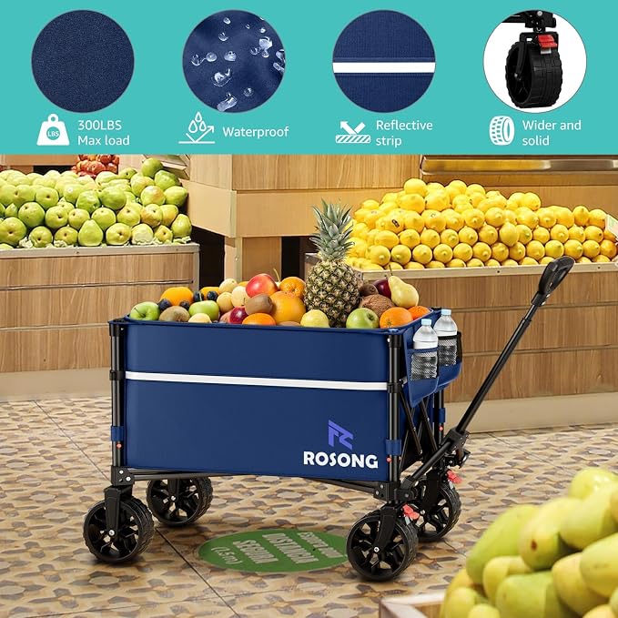 ROSONG Collapsible Wagon Cart with Wheels Foldable - Folding Utility Heavy Duty Wagons Carts for Grocery Sports Garden Shopping Camping Wheelbarrows (120L Dark Blue with Lid)