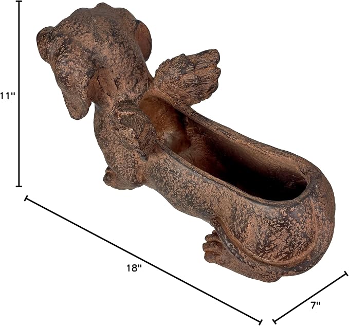 Whimsical Flying Dachshund Planter with Drain Hole – 18 Inch Brown Magnesium Oxide Wiener Dog Animal Planter for Succulents, Flowers, Indoor Outdoor Rustic Decor – Weather-Resistant Dog Garden Pot