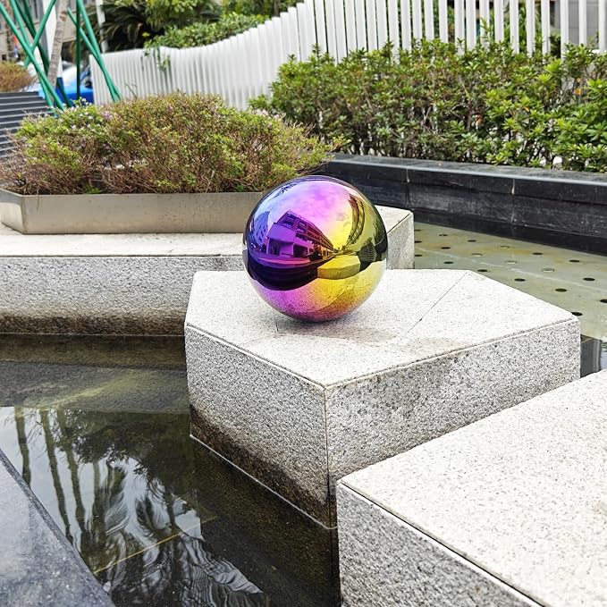 10 inch Stainless Steel Gazing Ball Rainbow Gazing Globe Mirror Reflective Garden Sphere Floating Pond Balls Gazing Ball Colorful and Shiny Home Outdoor Ornament