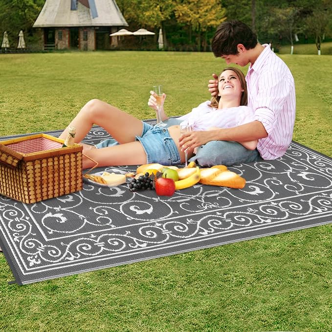 Garvee 9x12 Outdoor Rug for Patio Plastic Straw Rug Waterproof Reversible Mat Lightweight Foldable Carpet Easy Clean Large Rugs for Patio Porch Backyard Camping RV Beach Balcony Deck Vintage Grey