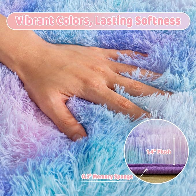 Fluffy Shag Rugs for Living Room 6x9 Purple Rainbow Washable | Upgrade Non-slip, 6 x 9 Large Big Shaggy Area Rug for Girls Bedroom Nursery, High Pile Plush Carpet for Kids Room Dorm