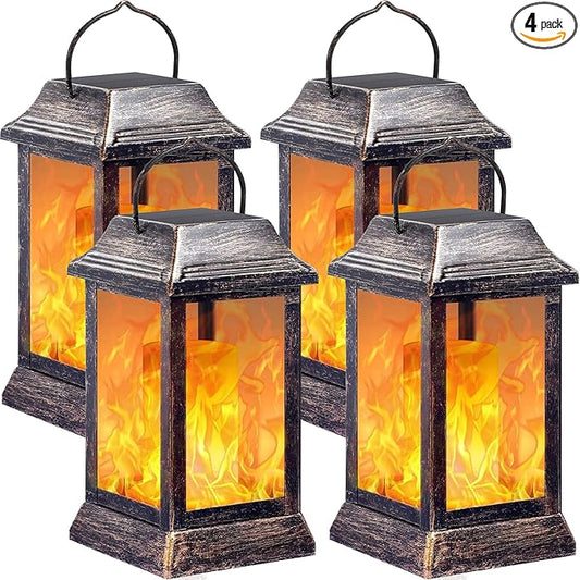 TomCare Solar Lights Metal Flickering Flame Solar Lantern Outdoor Hanging Lanterns Lighting Heavy Duty Solar Powered Waterproof LED Flame Lights for Patio Garden Christmas Decorations, 4 Pack (Bronze)