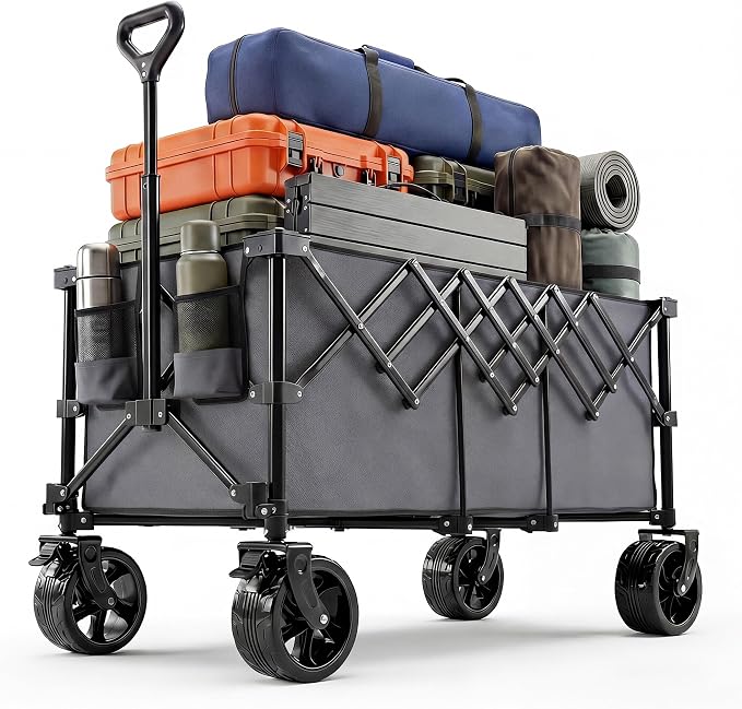 NEWBULIG Wagon Carts Foldable - 440LB Extra-Long Heavy-Duty Collapsible Wagon with All-Terrain Wheels, Portable Storage Shopping Cart for Groceries, Camping, Sports, Beach, Garden