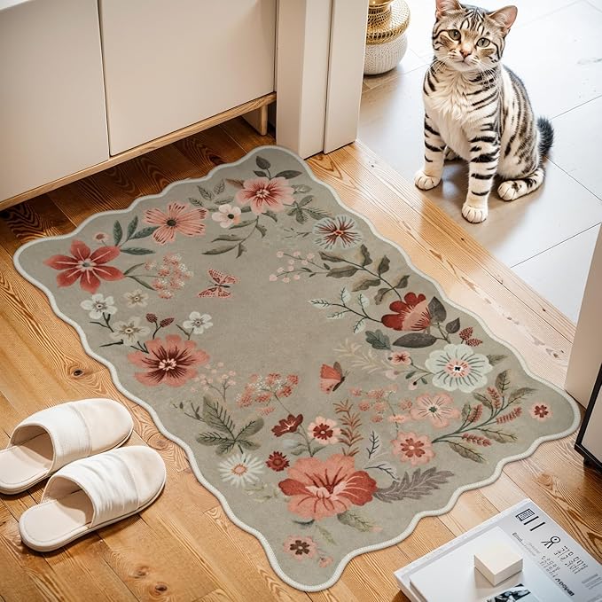 Lahome Floral Washable Kitchen Rug, Ultra-Thin Fall Door Mat, Indoor Entrance Stain Resistant Boho Small Low-Pile Throw Rug for Bathroom Bedroom Flore (2x3ft, Brown)