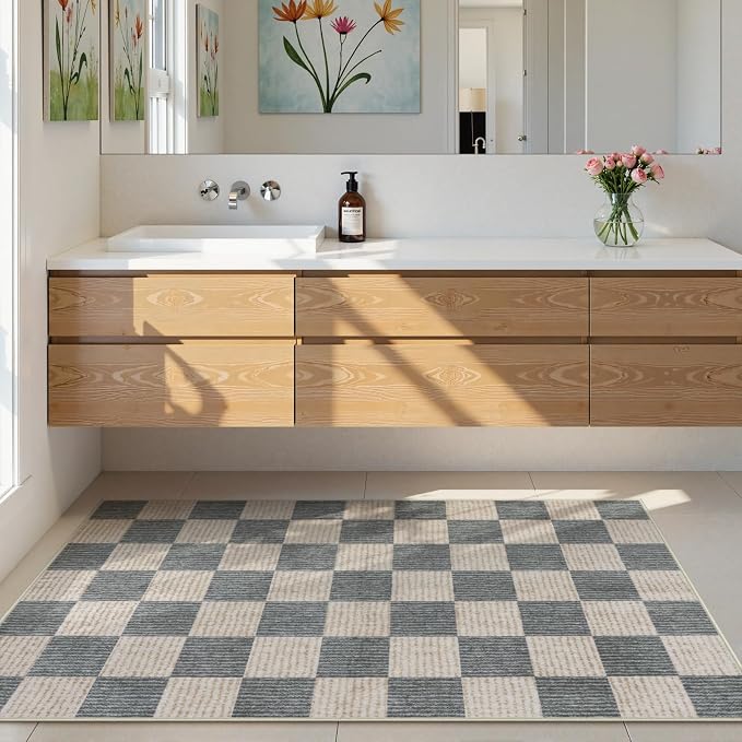 LIVEBOX 3x5 Washable Area Rug Checkered Clearance, Non-Slip Small Entryway Rug Grey Farmhouse Neutral Classic Geometric Boys Rug for Bedroom Living Room Low-Pile Carpet for Indoor Kitchen(Grey 3'x5')