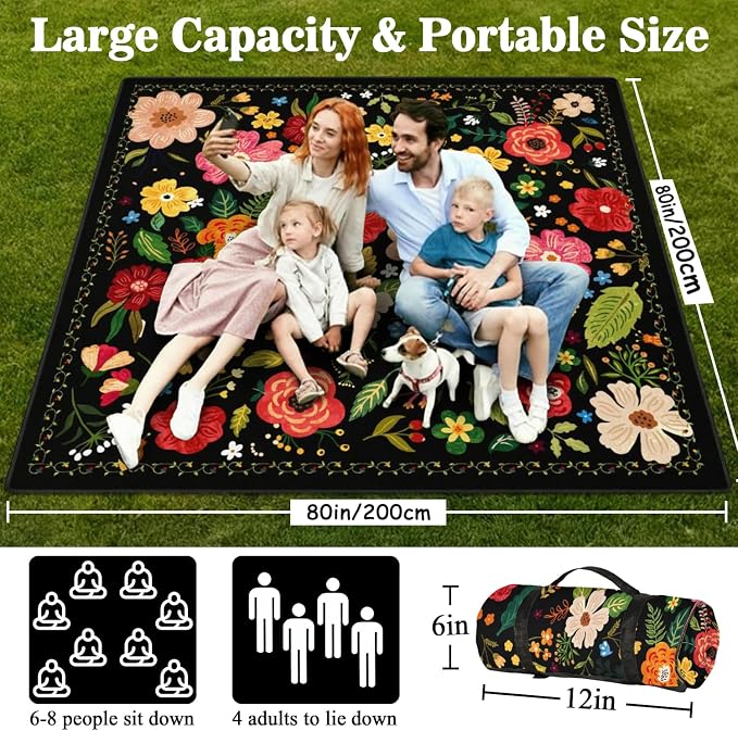 Picnic Blankets Waterproof Foldable Extra Large,80"x 80" Outdoor Beach Blanket Sandproof,3-Layer Lightweight Handy Mat Tote Picnic Camping Rugs for Outside Your Rv (Boho Vintage Floral Black)