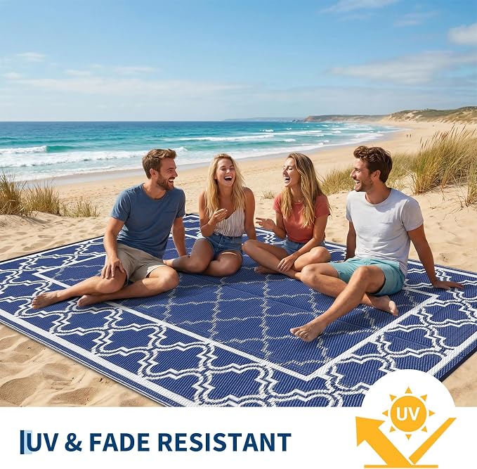 Garvee Reversible Outdoor Rug 10x14, Waterproof Outdoor Plastic Straw Rug with Interlacing Pattern, RV Mat for Picnics, Patio, Camping, Balcony, Deck, Backyard, Porch, Blue