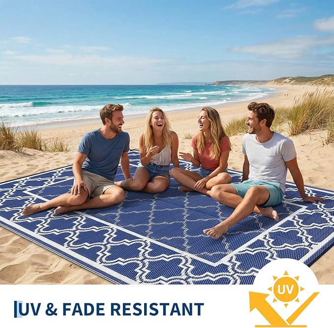 Garvee Reversible Outdoor Rug 9x12, Waterproof Outdoor Plastic Straw Rug with Interlacing Pattern, RV Mat for Picnics, Patio, Camping, Balcony, Deck, Backyard, Porch, Blue