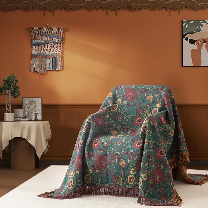 Phuryllic Boho Throw Blanket Twin Size, Soft Cozy Cotton Muslin Quilt Blanket for Bed Decor, Floral Patterned Couch Sofa Chair Cover, Vintage Farmhouse Cottage Tapestry Woven Blanket, Green&Orange