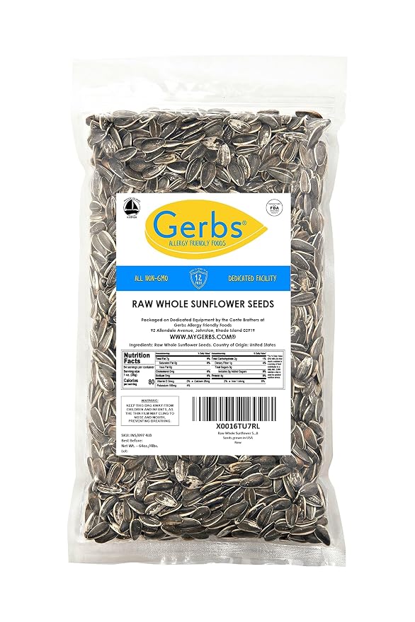 Gerbs Raw Whole Sunflower Seeds 4 lbs. | In-Shell, No Artificial Additives, Resealable Bag | Crack-and-Eat Crunchy Snack | Top 14 Allergen-Free