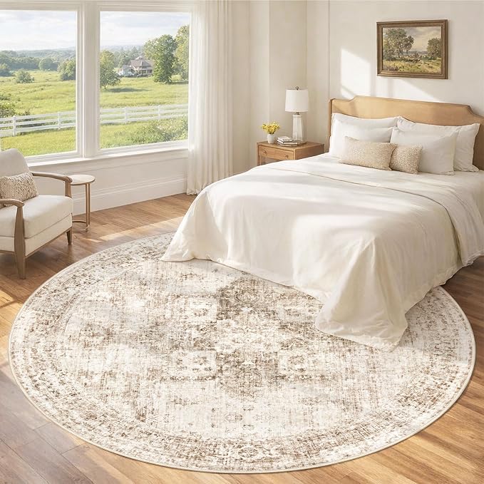 Round Rugs 6ft Washable Rug, Vintage Boho Medallion Rugs Non-Slip Soft Low Pile Circle Distressed Rug Indoor Retro Carpet for Living Room Bedroom Dining Room Home Office (Brown, 6' Round)
