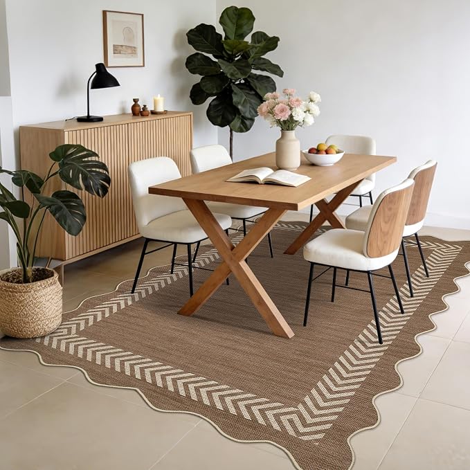 Garvee Large Area Rug 10x13 Rugs Easy Jute Washable Rug, Brown | Scalloped Area Rug Stain Resistant Easy Cleaning Throw Rugs Low Pile Floor Cover for Nursery Dining Room Apartment
