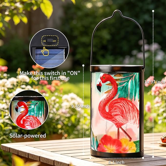 Hanging Solar Lantern Outdoor Waterproof Flamingo Solar Lights Glass Tabletop Decorative Lamp for Outdoor Patio Garden Outside Yard Decor