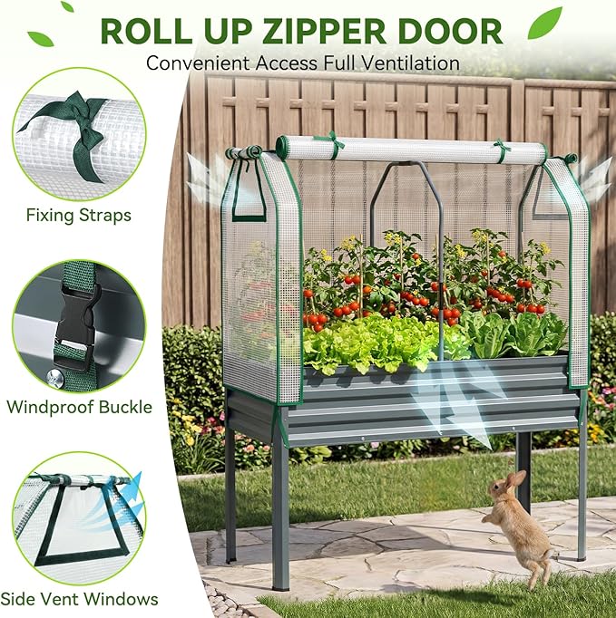 Ohuhu Raised Garden Bed with PE Cover, 48"x22"x59.5" Galvanized Elevated Planter Box with Legs, Large Garden Box Outdoor Planters for Outdoor Plants, Heavy Duty Gardening Bed for Flower Vegetable