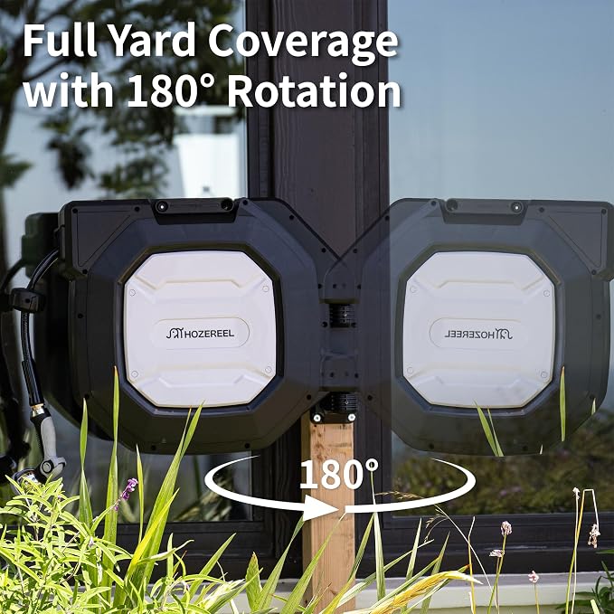 1/2" x 100+6 FT Heavy Duty Retractable Garden Hose Reel by HOZEREEL, Outdoor Garden Hose Reels - Self Retract Wall Mount Hose Reel Automatic Storage, Any Length Lock, 10 Pattern Nozzle Black