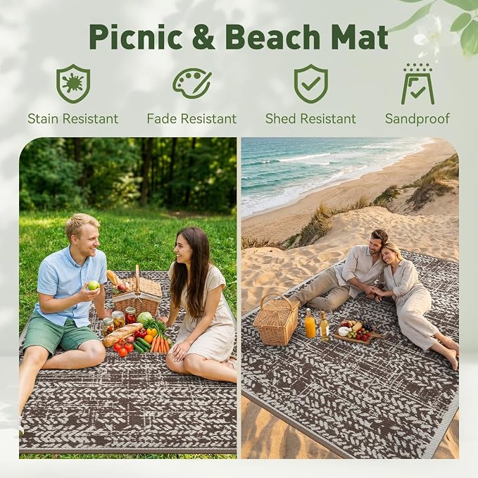 MontVoo Outdoor Rug 8x10 Waterproof-Patio Rug Mat Outdoor RV Camping Picnic Beach Mat Plastic Straw Rugs Outside Outdoor Area Rugs for Balcony Deck Backyard Brown
