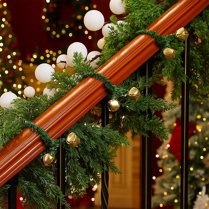 25 Pcs 20 Inches Christmas Garland Ties with Bells Decorative Twist Ties Garland Hanger for Banister Stairs Railing Garden Reusable Flexible Twist for Xmas Holiday Decorations (Gold)