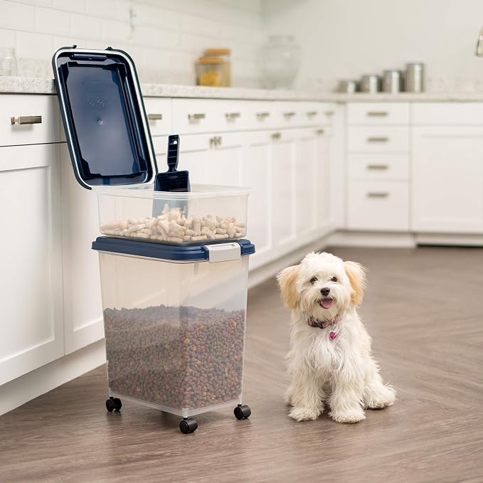 IRIS USA Dog Food Storage Container, 30 lbs & 11 lbs Combo, Cat Food Storage Container, Dog Treat Container, Airtight, Stackable, 2-Cup Scoop, Wheels, Easy Mobility, Navy