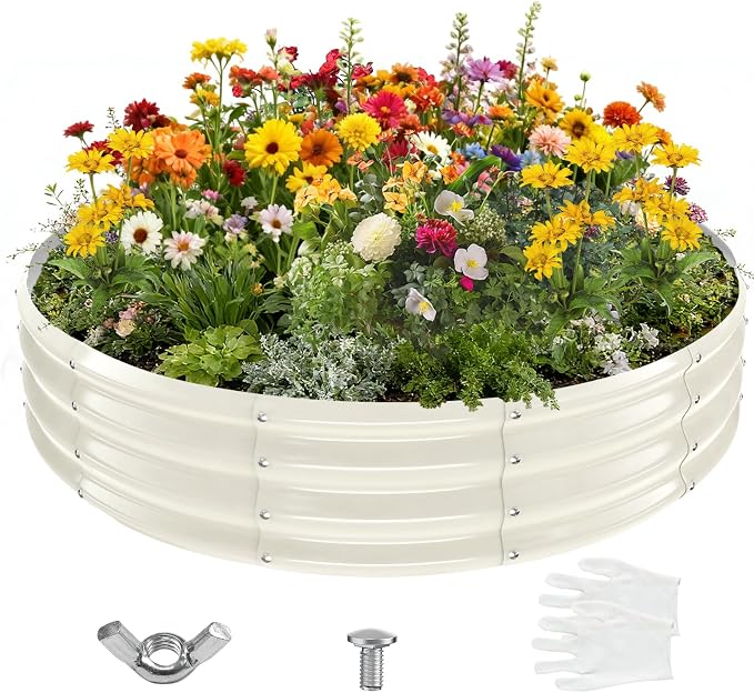 YSEJOMP 5FT Diameter Galvanized Garden Raised Bed/Plant Box/Fire Pit Ring - 0.8mm Thick,12 Inch Tall,Perfect for Planting a Variety of Flowers,Herbs,Vegetables (Cream White, 60 Dia X 12 inches)