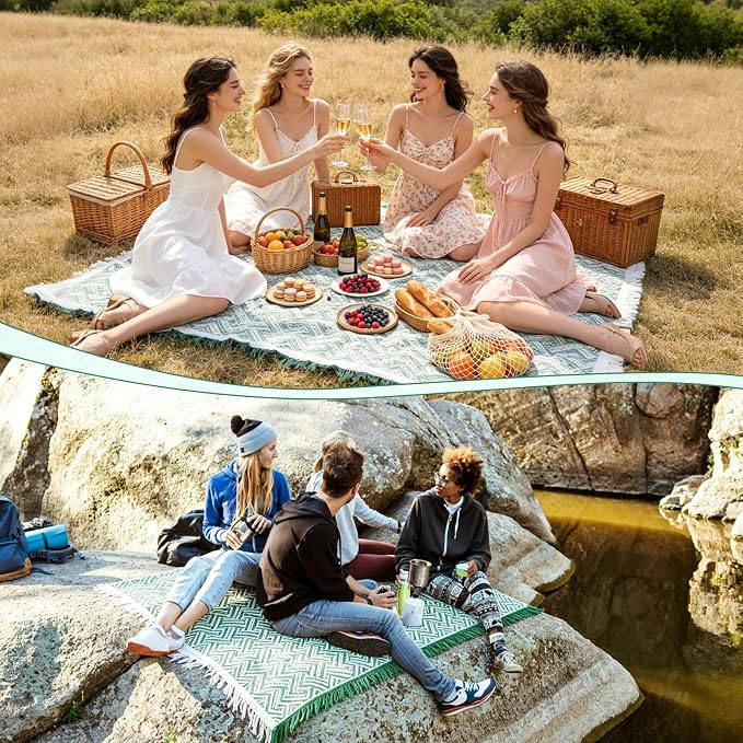 91'' x 71''Extra Large Outdoor Boho Picnic Blanket,Woven Cotton Yarn Blanket with Fringe for Boho Decor Camping Lawn Wedding Photoshoot Beach Park Grass (Green)