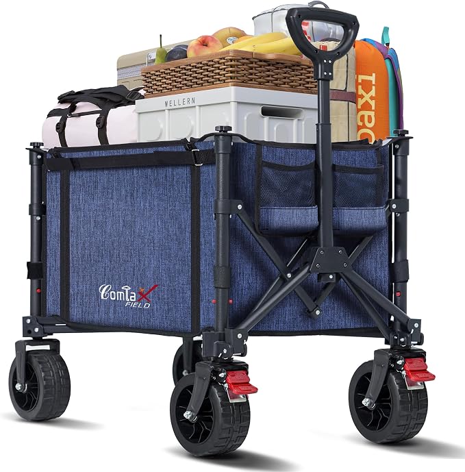 Collapsible Wagon Cart Foldable with Big Wheels Brakes, 250lbs Folding Utility Lightweight Garden Wagon, Portable Grocery Cart for Camping Shopping Sports Pets, Blue