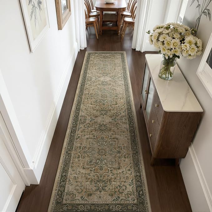 Moody Distressed 2x8 Runner Rugs for Hallways Entryway, Vintage Medallion Carpet Runner for Kitchen/Bedroom Bedside/Laundry Room/Bathroom Low Pile Washable Non Slip, Multi Brown/Green