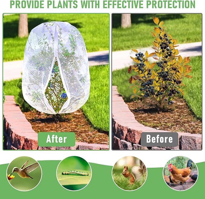 Fruit Tree Netting, Plant Mesh Netting for Garden Protection, Blueberry Bush Insect Netting Cover as Garden Pest Barrier from Cicadas, Bug, Bird (5.3x5.3 FT, 2Pcs, Zipper & Drawstring Design)