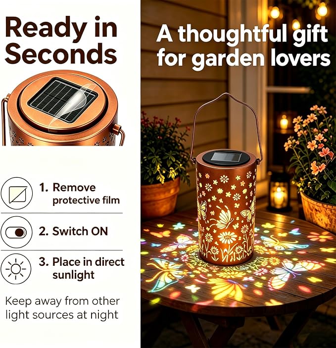 Butterfly Colorful Solar Lantern Outdoor Waterproof, Garden Decor Gifts for Women Mom Grandma, Hanging Solar Lantern Lights Metal Decoration Outside for Yard, Patio, Backyard, Porch