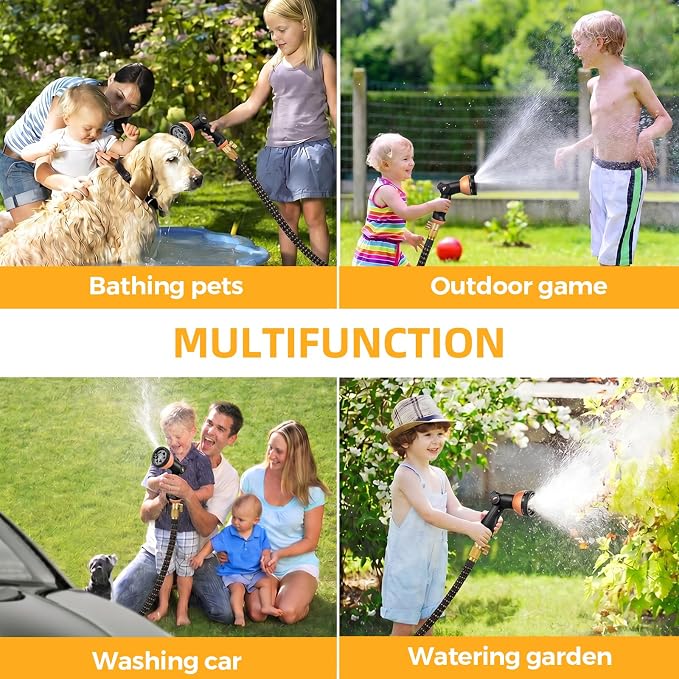 50 ft Expandable Garden Hose, Lightweight Expanding Water Hose with 10 Function Nozzle, 3/4" Solid Brass Fittings, 5-Layer Latex Core, No-Kink Flexible Retractable Hose for Patio, RV, Car Washing