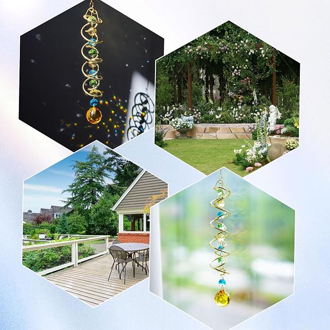 20.5in Yellow Crystal Gazing Ball Spiral Wind Spinner Suncatcher Decor | Yellow Crystal Ball Gazing Spiral Wind Spinner Rainbow Maker Sun Catcher Hanging for Outdoor Garden Patio Indoor Decor