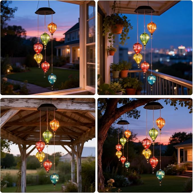 Solar Wind Chimes for Outside, Hot Air Balloon Solar Lights Outdoor Colorful Hanging Decor with 30 Warm White LEDs, Auto On/Off Light Sensing Waterproof Garden Gifts for Mom Grandma Women
