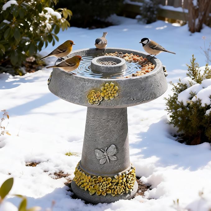 Bird Bath and Bird Feeder for Garden, 24" Resin Outdoor Fountain with 3D Butterfly & Petal Relief, Weather-Resistant Pedestal Water Feature for Yard, Patio, and Lawn Decor (Grey)