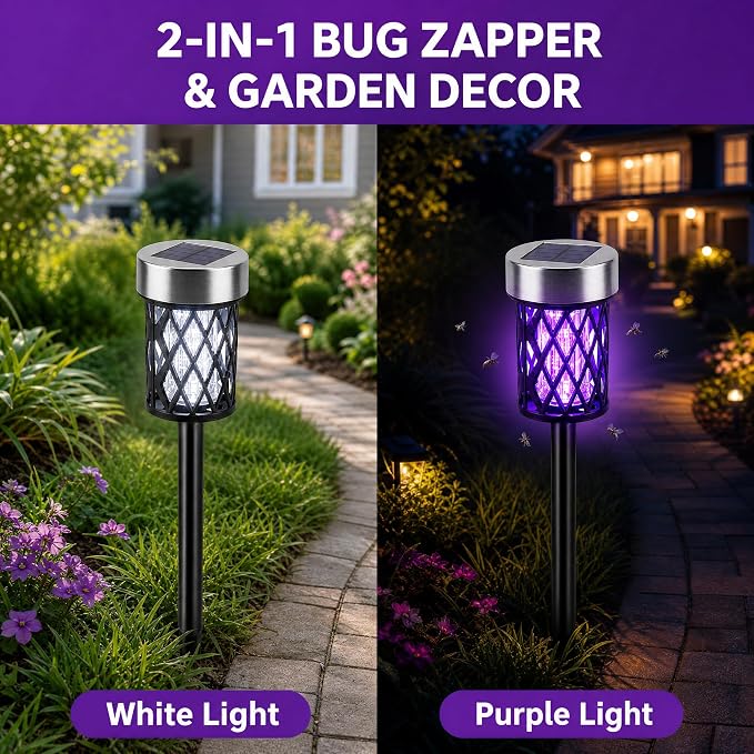 2026 Solar Bug Zapper Outdoor Waterproof Mosquito Repellent Outdoor Patio Mosquito Trap & Killer for Garden Farm Backyard Solar Powered Fly Zapper for Small Flying Insect, Gnats, Moths, Flies(4)