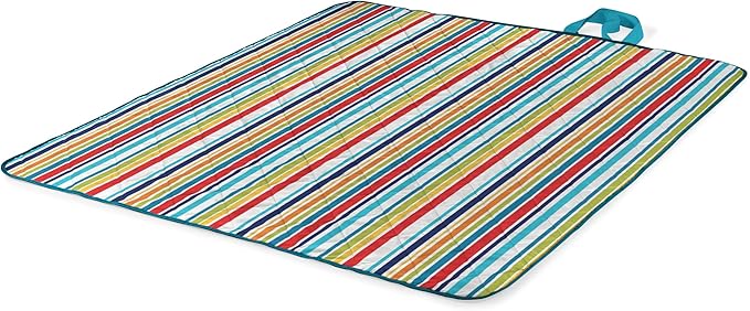 ONIVA - a Picnic Time brand - Vista Outdoor Picnic Blanket & Tote - Beach Blanket - Camping Blanket, (Fun Stripe Pattern with Aqua Blue Exterior), 16 x 11 x 3
