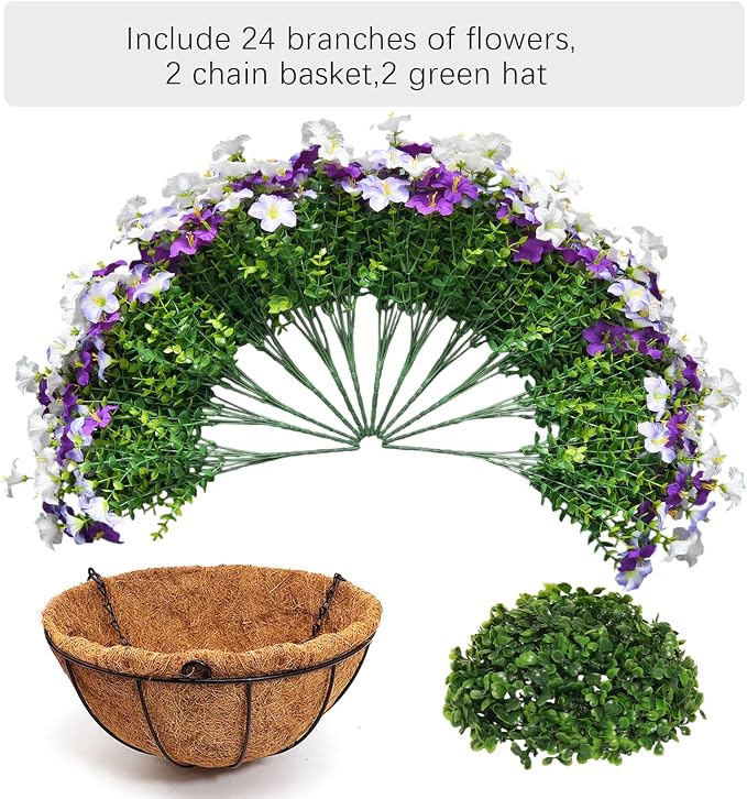 2 Set Artificial Hanging Flowers with Basket for Outdoor Decor, 24 Pcs Silk Petunias Fake Plants for Porch Garden Patio Balcony Yard Home Decoration