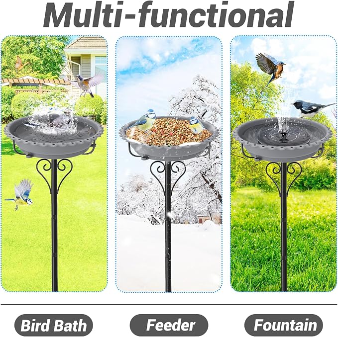 Birdbaths for Outdoors,40In Garden Birdbath with 12" Removable Plastic Bowl,Bird Baths Feeder with Sturdy 5 Prongs Base for Outdoor Garden Patio Yard Lawn Decor (Gray)