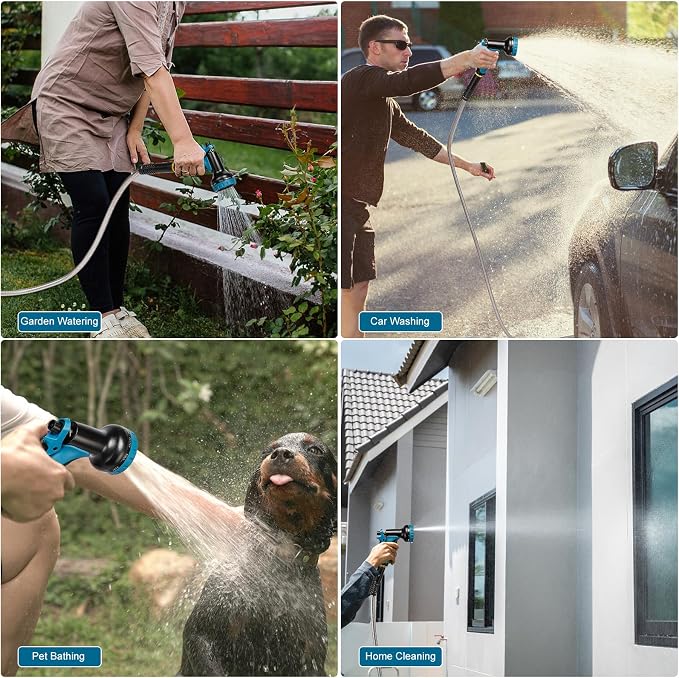 Metal Garden Hose 50 ft x 5/8 in OD with 10 Pattern Sprayer Nozzle, Stainless Steel Water Hose, Non Expandable Flexible Kink Resistant Heavy Duty Hose for Yard, Car Washing and Pet Bath