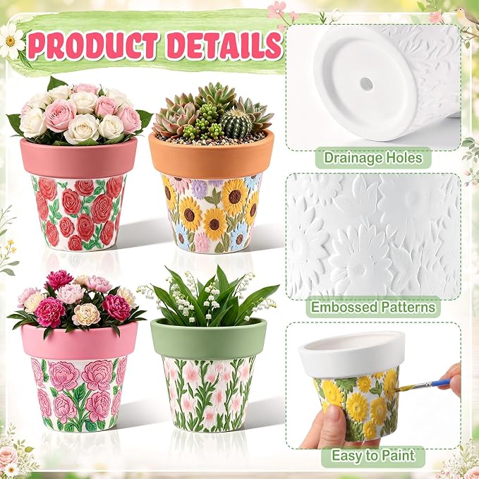 Zubebe 16 Pcs Paint Your Own Ceramic Pots Bulk Unfinished Succulent Pots Craft Kit with Drainage Hole Mini Paintable Plant Vase Ready to Paint Planter for Cactus DIY Craft (Elegant Flowers Tapered)