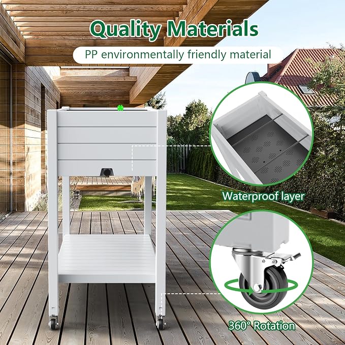 Vixzen 33.7" Tall Raised Garden Bed Outdoor with Wheels & Shelf, Divisible Resin Planter Box with Drainage Gauge, Planter Bed Box for Vegetables/Herbs, Backyard, Patio, Balcony, Ashen (33.7" H)