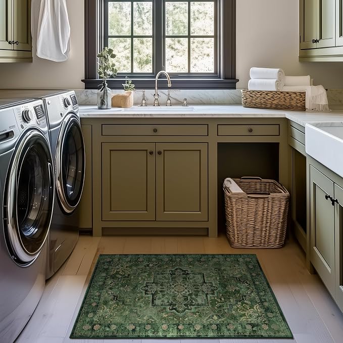 Tranditional Dark Green 2x3 Kitchen Rugs Washable Non Slip, Vintage Boho Distressed Medallion Door Mat Indoor Entrance Entryway, Small Low Pile Rugs for Bedroom/Bathroom Vanity/Laundry Room