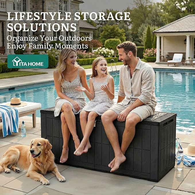 YITAHOME 134 Gallon Large Outdoor Storage Box with Lock | Waterproof Deck Box with Hydraulic Piston for Garden Tools, Pool Accessories & Cushions, Resin Deck Organizer with Bench