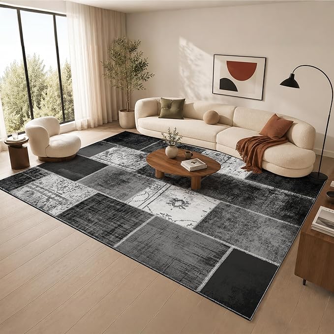 Nayoroom Modern Abstract Grey Distressed 8x10 Area Rug, Soft Faux Wool Washable Non-Slip Stain Resistant Rug, Geometric Patchwork Modern Design Rug for Living Room Bedroom.