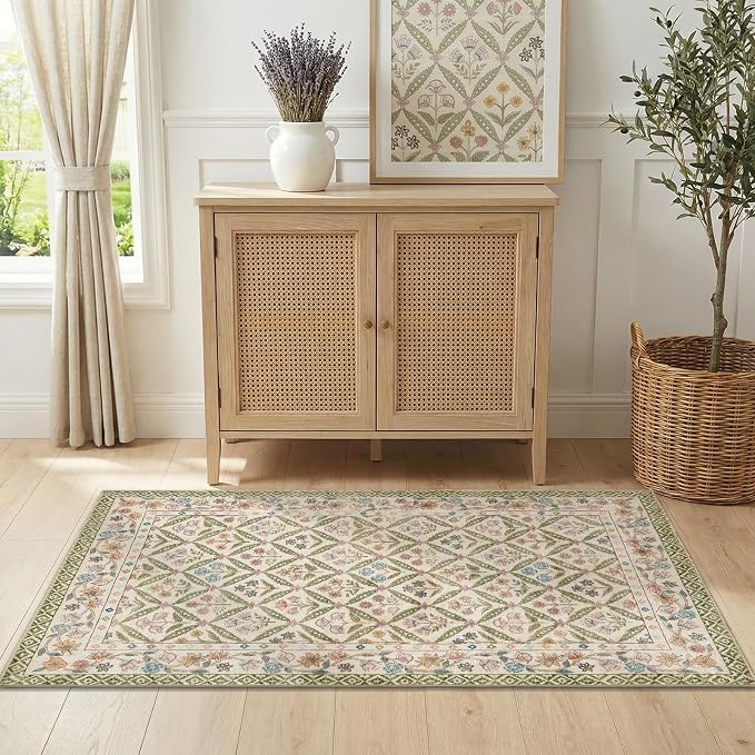jinchan Vintage Floral 3x5 Washable Entryway Accent Area Rug, Sage Green | Soft & Lightweight, Checkered Floral, Low Pile, Non Slip, Entrance, Kitchen, Bedside, Girls Dorm, Cottage Decor