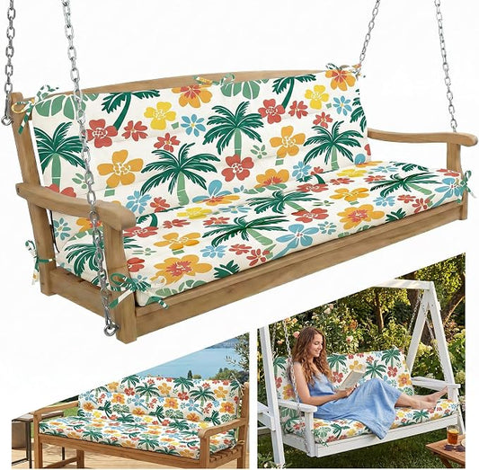 Outdoor Swing Cushion with Backrest, Tie Straps & Memory Foam - Replacement for Porch Bench 2/3 Seater, Oxford Fabric (Tropical RED, 60 INCH × 40 INCH)