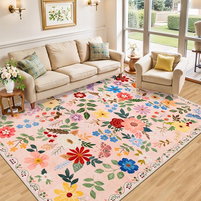 PLHXFR 8x10 Area Rug Living Room: Floral Washable Boho Soft Carpet Beige | For Bedroom Dining Room Farmhouse Nursery Hallway,Vintage Floral,Machine washable,Non Slip,Stain Resistant,Large Indoor