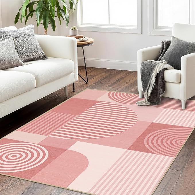 Pink Geometric Rug 3x5 for Bedroom Living Room Small Area Rug Machine Washable Minimalist Line Mid Century Modern Rugs Non Slip Low Pile Mat Indoor Floor Carpet for Bathroom Laundry,Pink