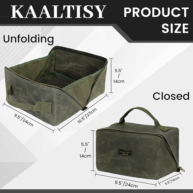 Heavy Duty Tool Storage Organizer, Tool Pouch with Metal Zipper + Handle, 16 OZ Waxed Canvas Tool Bag | 3-Pack | 9.5"L x 5.5"W x 5.5"H (Closed) - Army Green