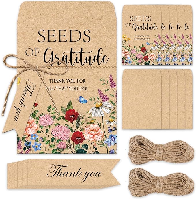 JarThenaAMCS 50 Sets Spring Wildflower Seed Packets Seeds of Gratitude Adhesive Kraft Envelopes Floral Seed Storage Bags with Thank You Tags for Guest Birthday Wedding Party Favors(No Seeds Include)