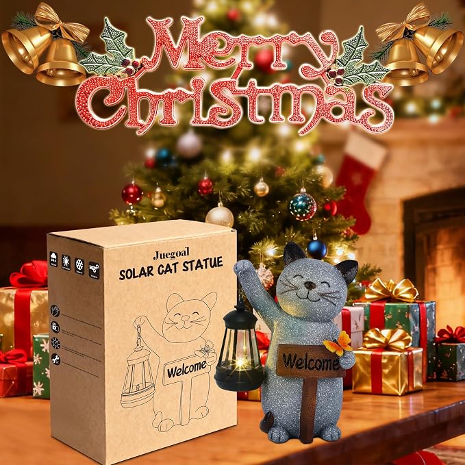 Juegoal Garden Statue Solar Cat Figurine with LED Lantern, Mothers Day 10" Resin Kitten Hold Welcome Sign, Outdoor Whimsical Lawn Porch, Lighted Housewarming Birthday for Mom Grandma